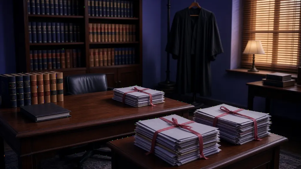 Advocates chamber desk with law books, black gown and case files tied with red ribbon