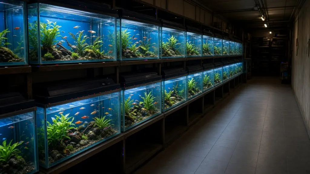 Glowing fish tanks along the wall of an Indian aquarium traders shop