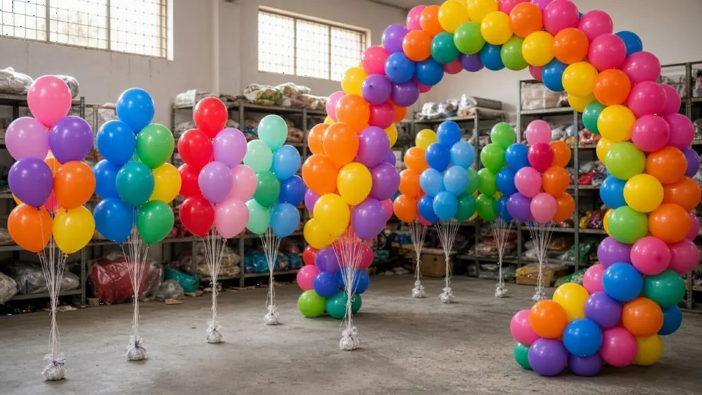 Colourful balloon arches and bunches stored in an Indian event decorator workshop