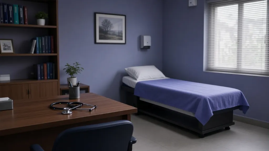 Quiet Indian clinic consultation room with a desk, stethoscope and examination couch