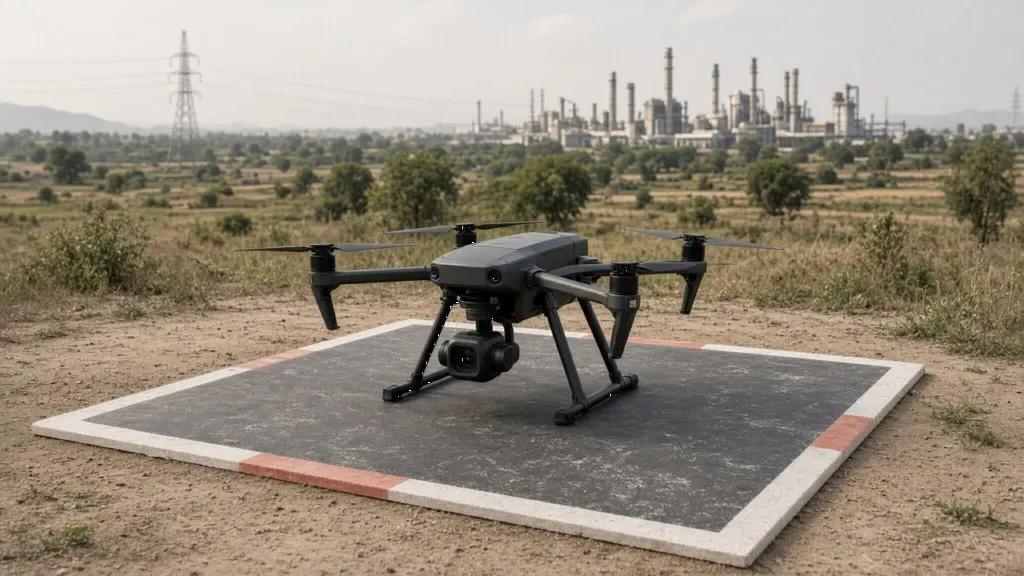 Professional drone on a landing pad outdoors in an Indian industrial site