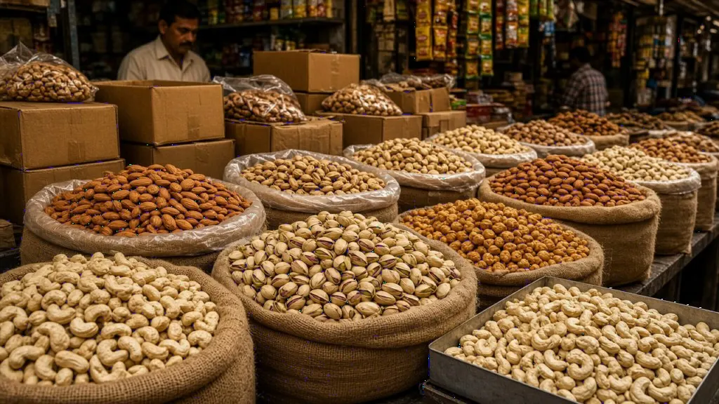 Open sacks of cashews almonds and pistachios at an Indian dry fruit wholesale stall
