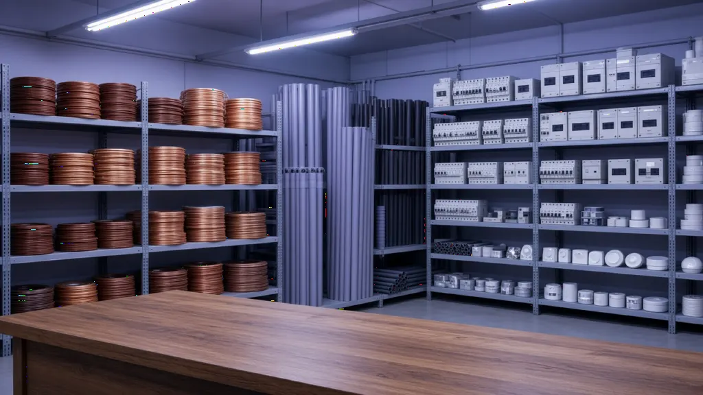 Interior of an Indian electrical wholesale shop with coils of wire, conduits and switchgear on racks