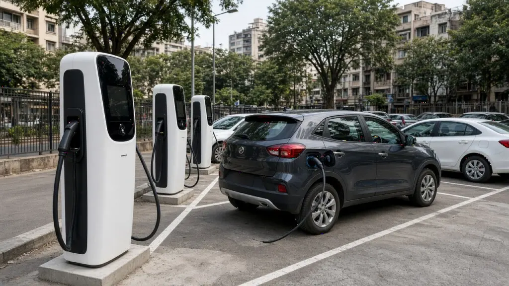 EV charging stations in an Indian city parking lot in daylight