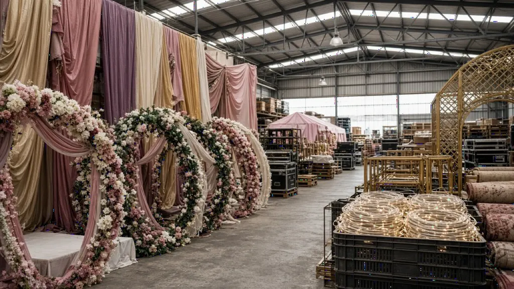 Draped fabrics and stage props stored in an Indian event decoration warehouse