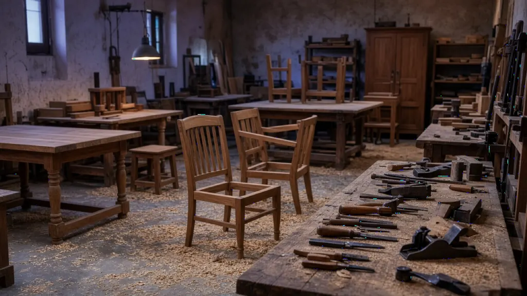 Wooden chairs and tables in progress in an Indian furniture manufacturing workshop