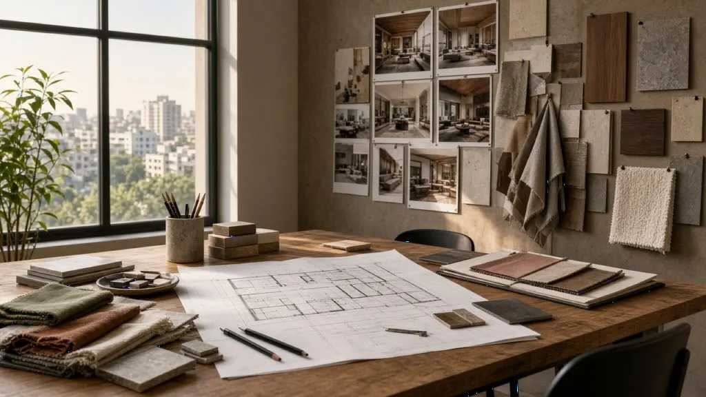 Material boards and fabric swatches in an Indian interior design studio
