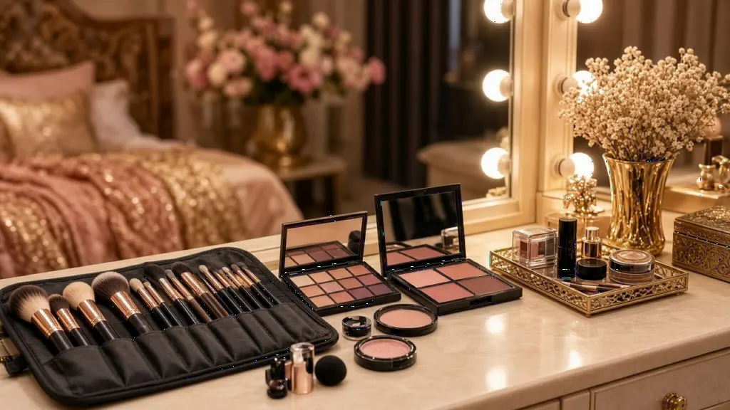 Makeup brushes and palettes laid out on a bridal vanity in India