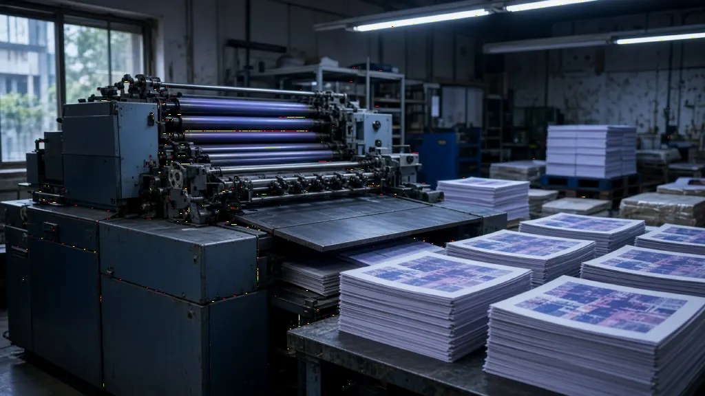 Offset printing machine and stacks of printed paper in an Indian printing press shop