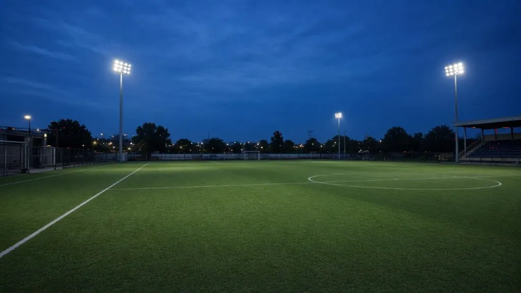 Empty green artificial turf football ground in India under evening floodlights