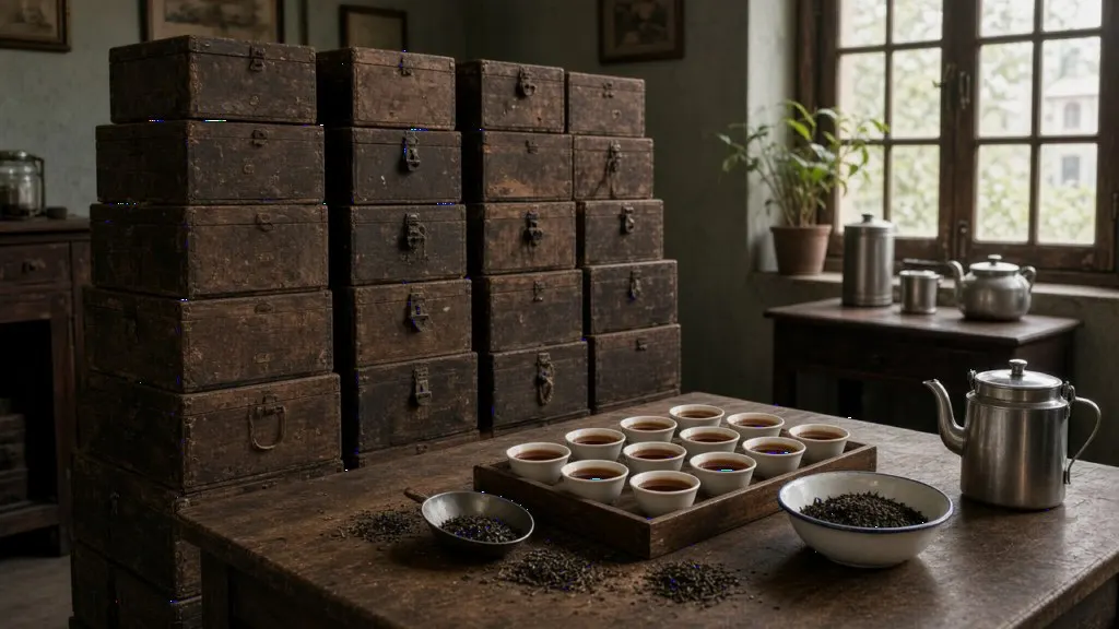 Stacked tea chests and tasting cups on a merchant table in an Indian tea trade office