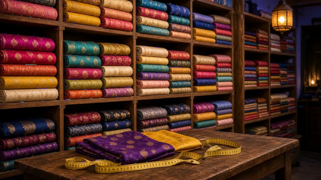 Bolts of colourful silk and cotton fabric stacked in an Indian wholesale textile shop