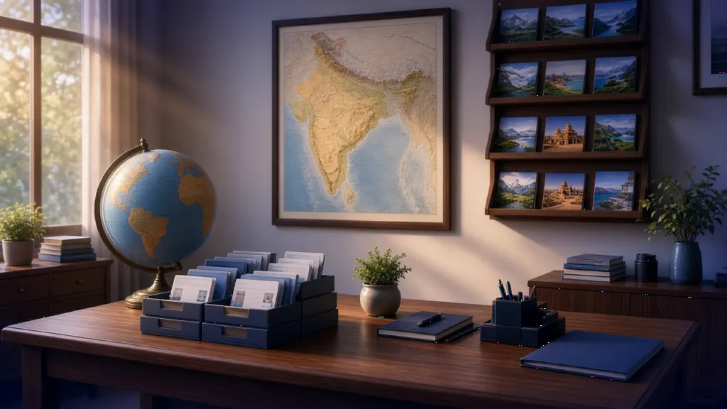 Indian travel agency desk with a globe, map of India and document trays in warm afternoon light