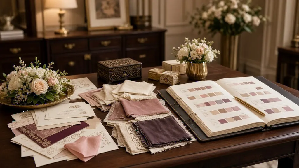 Invitation samples and fabric swatches on an Indian wedding planner desk