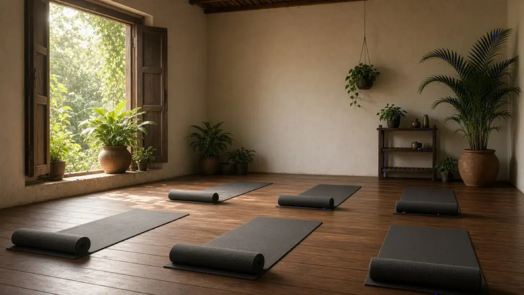 Empty yoga studio in India with rolled mats and soft morning light